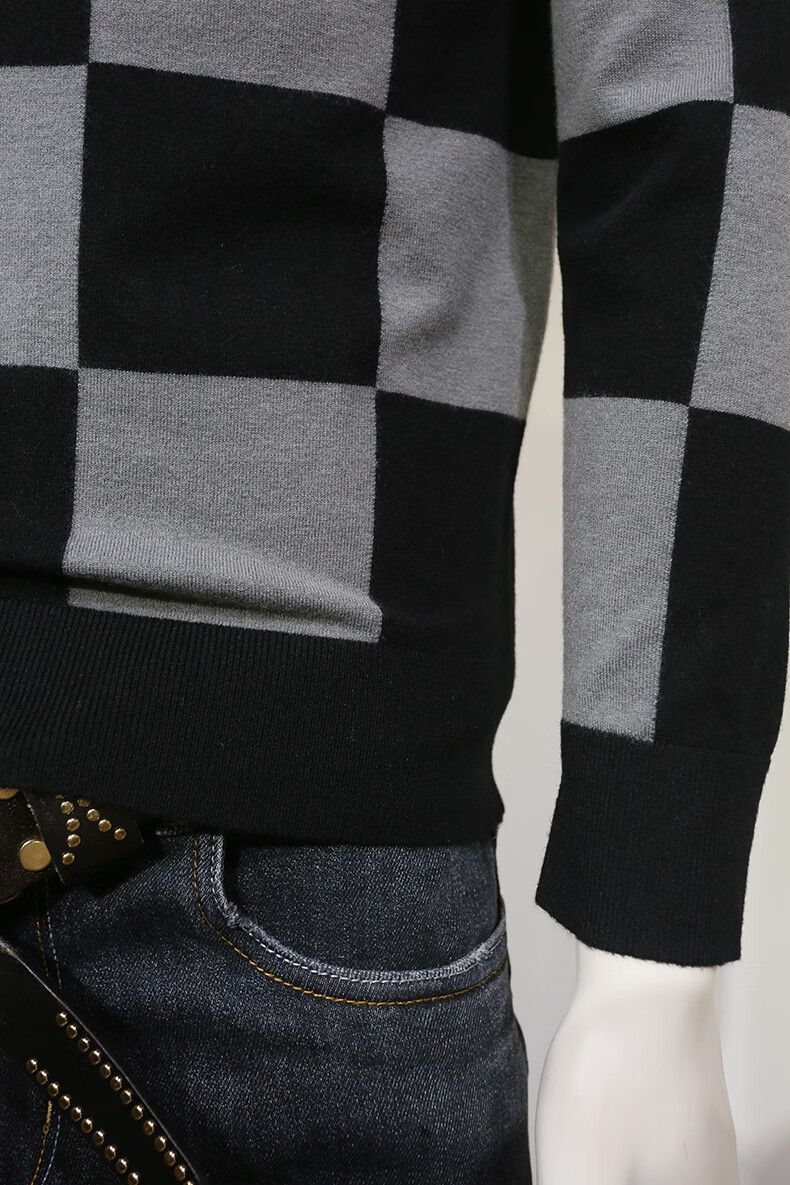 lrngeroa潮牌 棋盘格羊毛衫男士圆领格子毛衣男修身韩版针织衫男潮流