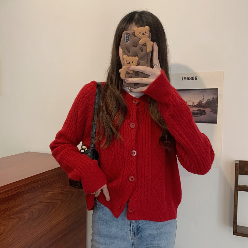 2020新款韩版纯色复古新红色绒开衫毛衣外套女 杏色 均码