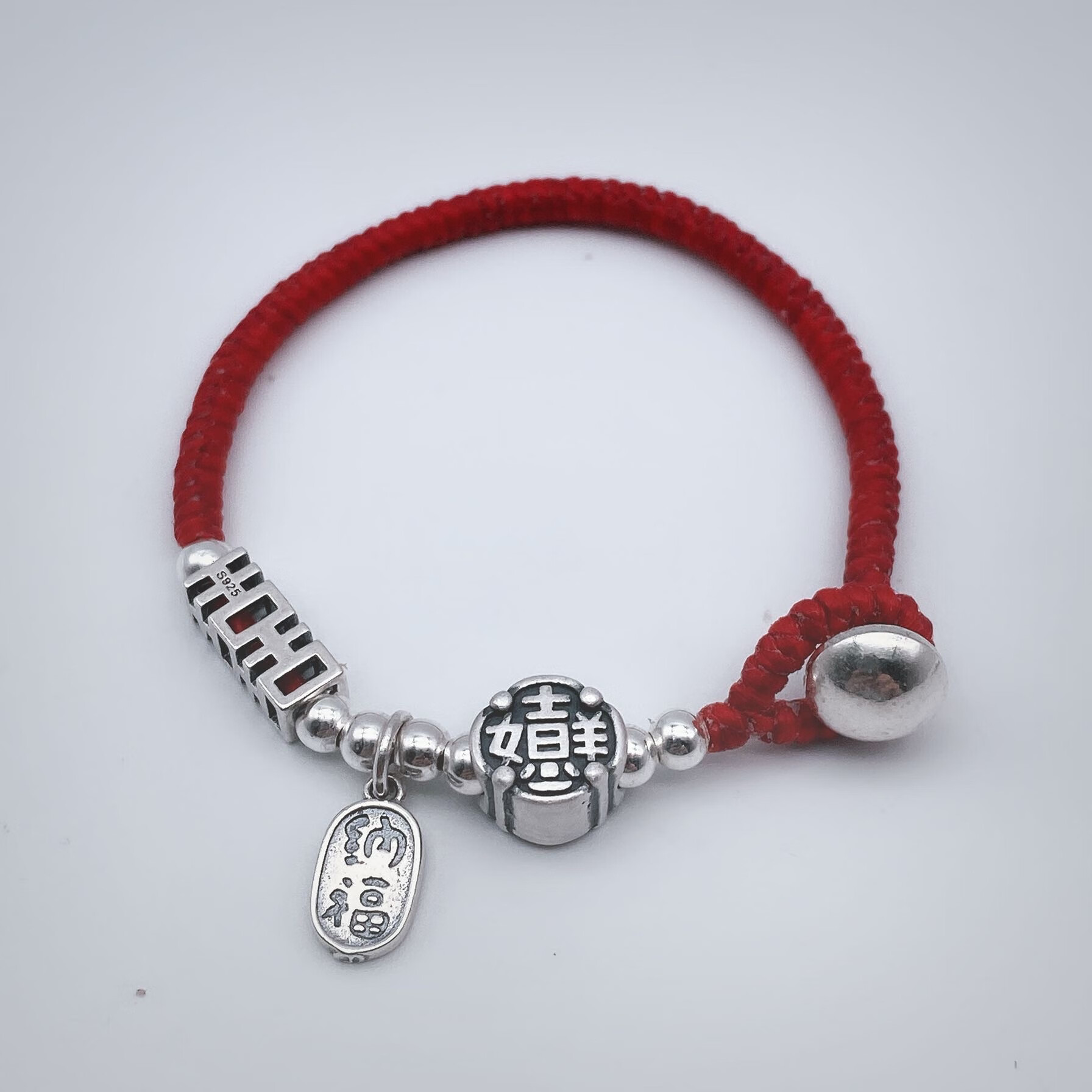 miflame 纯银泰国手工银珠红绳手链算盘手链男女复古风蜡绳编织清迈银