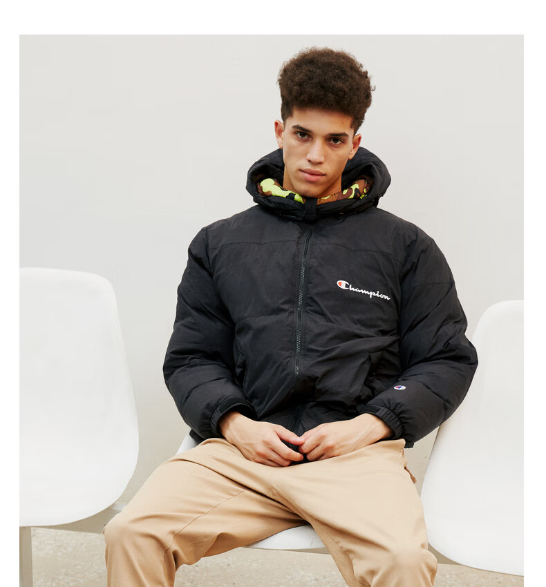 champion冠军秋冬经典男式草写小logo迷彩拼接连帽羽绒服 蓝彩色 xl