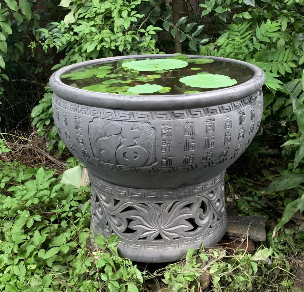 鱼缸客厅落地老北京鱼盆古法养鱼泥盆陶盆荷花缸睡莲盆大号鱼缸 虎头