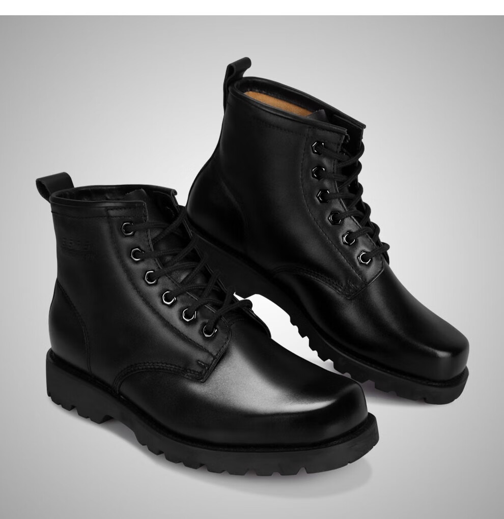 强人3515男士真皮军靴春秋中筒工装靴户外单靴高帮皮靴子定制品 黑色