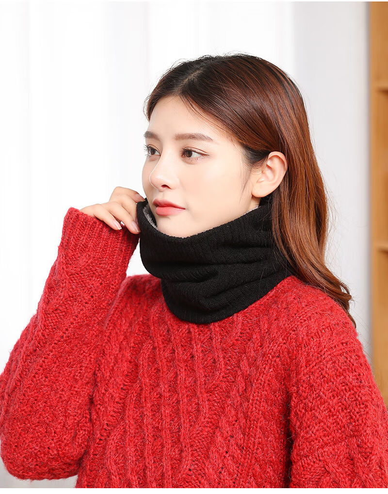 围脖女毛线围巾秋冬加绒加厚脖套高领套头护颈防寒女士保暖围脖 黑色