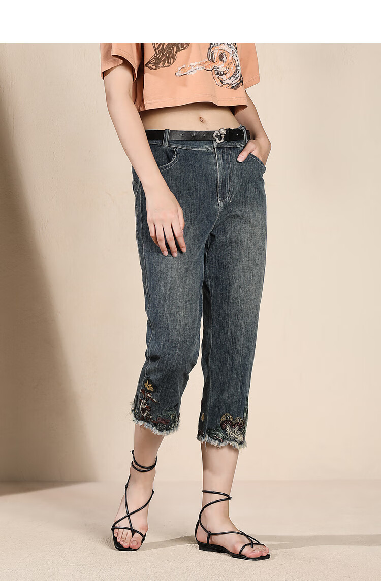 达衣岩时尚舒适长款2022年夏季新品水洗绣花牛仔裤女依旧蓝xs