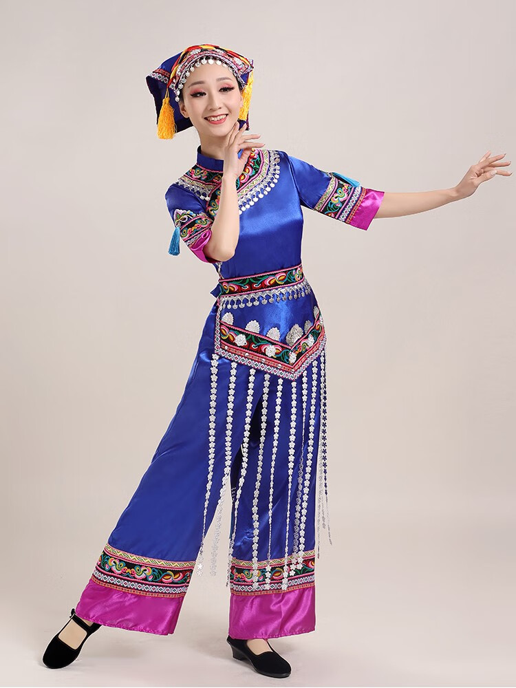 羌族女士表演服2022少数民族舞蹈服装刺绣舞台合唱歌舞演出服 蓝色