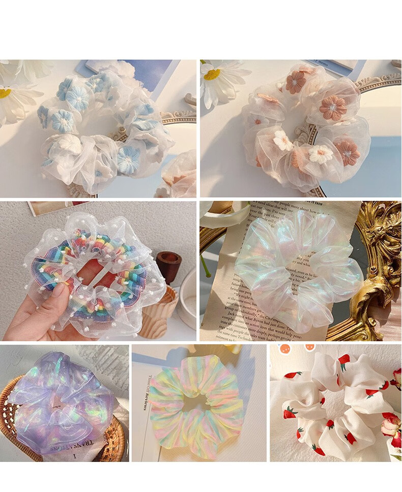 忆蓓芷人鱼姬大肠发圈ins欧根纱樱花刺绣水果发圈彩虹仙女可爱丸子头