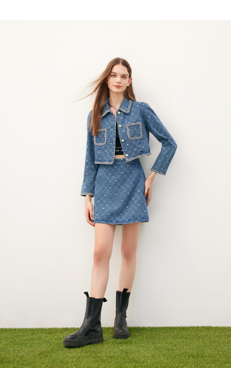 歌莉娅 秋季新品 老花牛仔小香风套装 1a9had420 75u牛仔蓝 m【图片