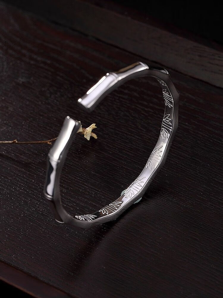 梦蔻999银竹节手镯女竹报平安时尚中国风开口足银妈妈镯子亮面竹报