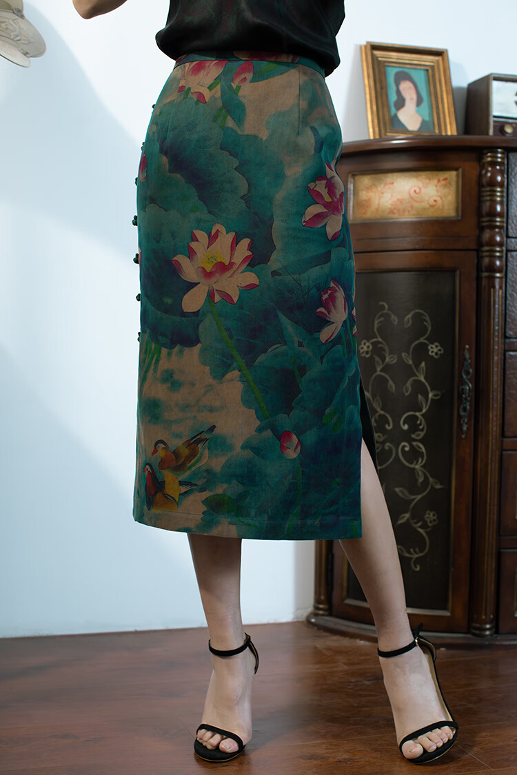 法士隆高档温婉时光旗袍式半裙重磅真丝香云纱半身裙中式复古侧开叉