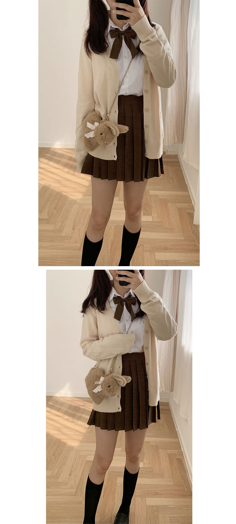 jk 西式制服基础款 春秋冬季 毛衣 百褶裙套装4件套 米白毛衣 衬衫 浅