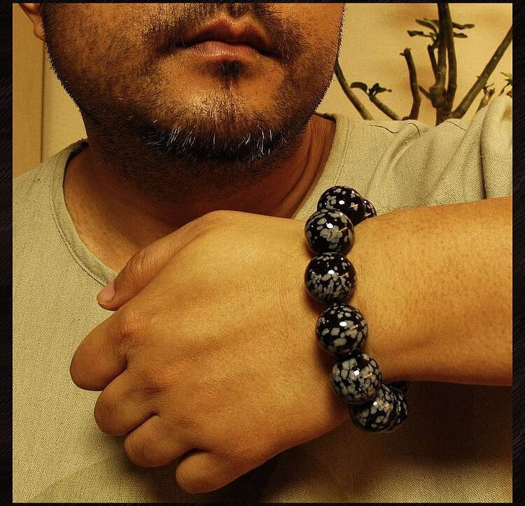 万宗天然雪花黑白天珠手串男黑曜石手链男士款药师佛珠原矿火山石18mm