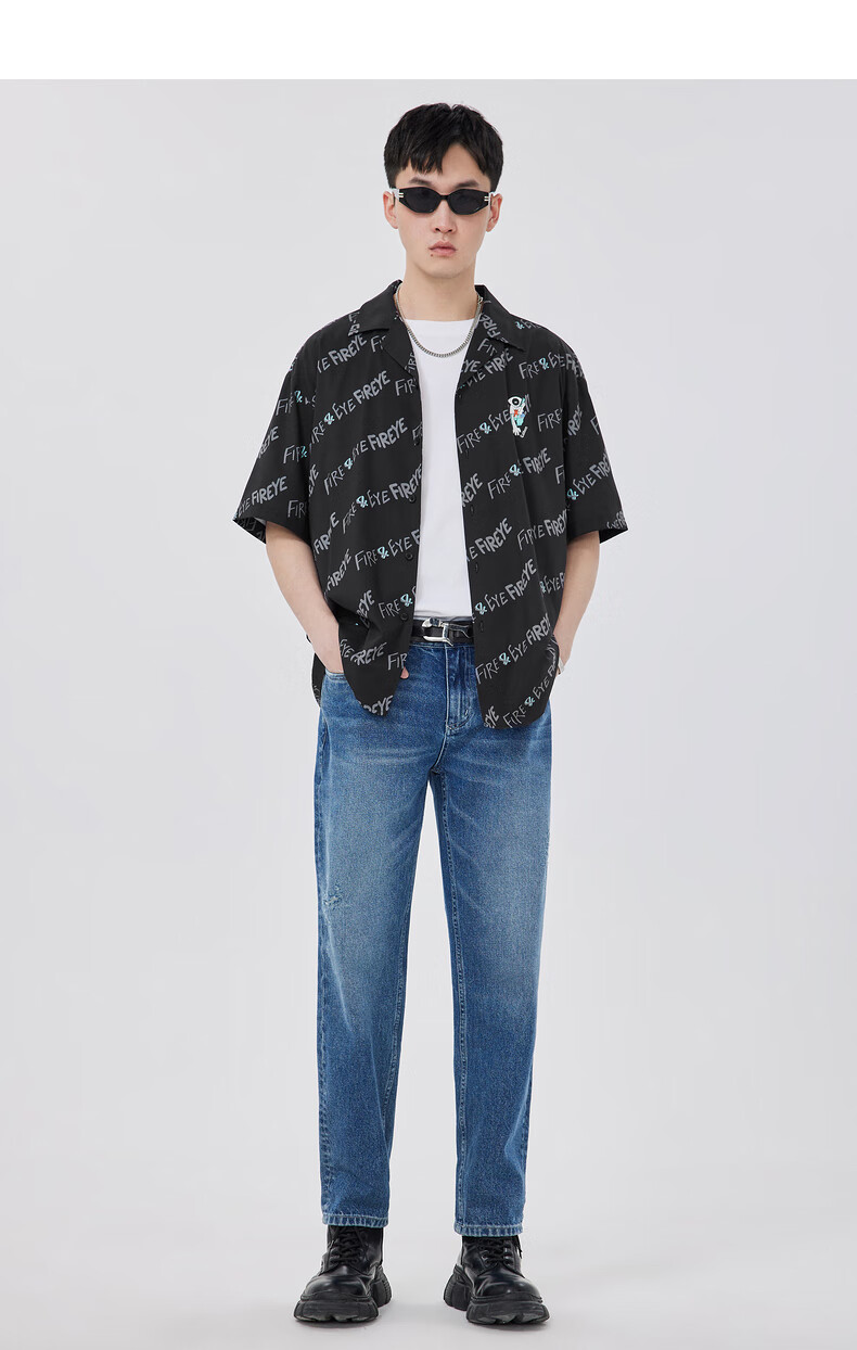 卡宾男装fireye火眼系列满印衬衫2022夏卡通绣印短袖时尚男h煤黑色