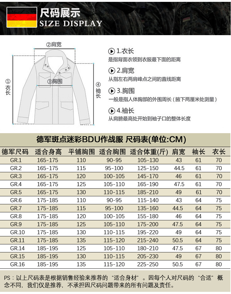 军装尺码对照表男装图片