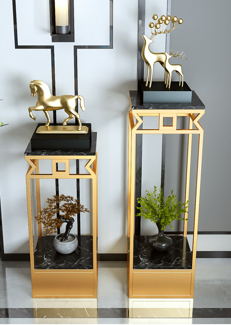 新中式落地客厅花架电视柜旁边摆件走廊玄关大理石轻奢铁艺花几烤漆