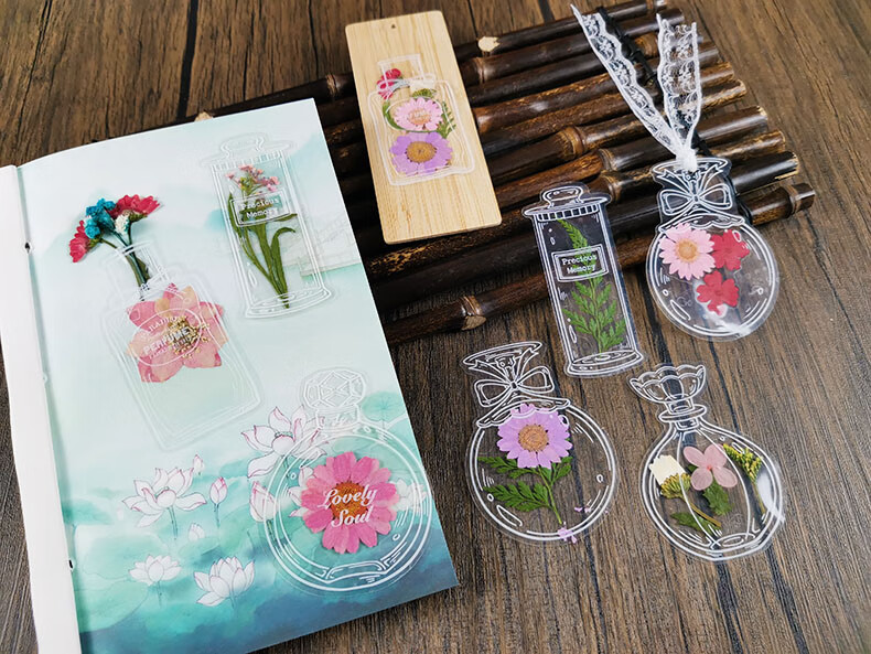 干花贴纸透明书签可爱玻璃瓶器皿pet防水贴幼儿园学生收集手账植物