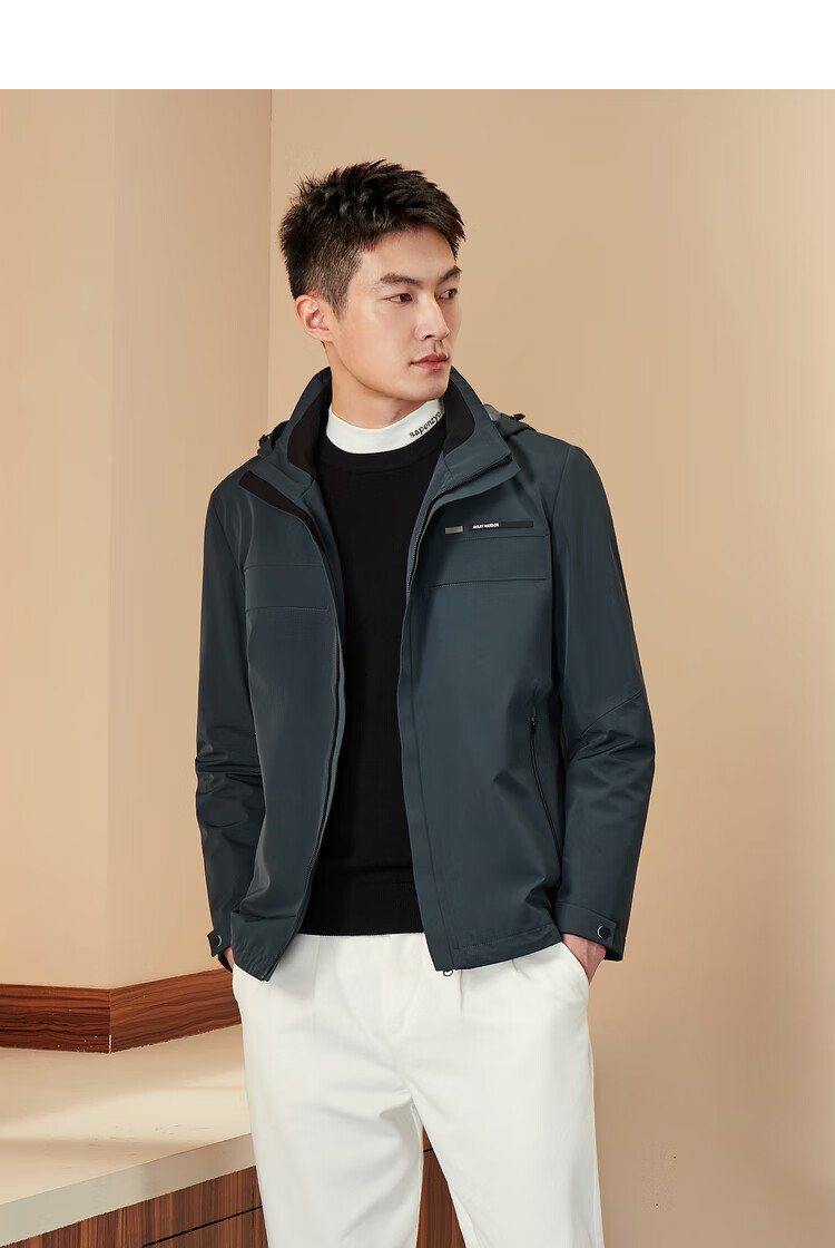 hla海澜之家夹克男2020秋季净色可脱卸帽防风耐穿外套hwjad3q208a深灰