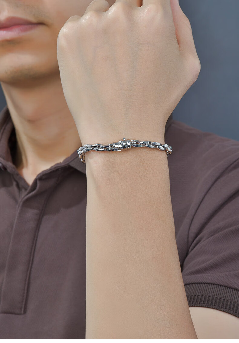 【520礼物】迎彩钻 铂金手链男pt950 时尚白金手链男款霸气狼头扣金