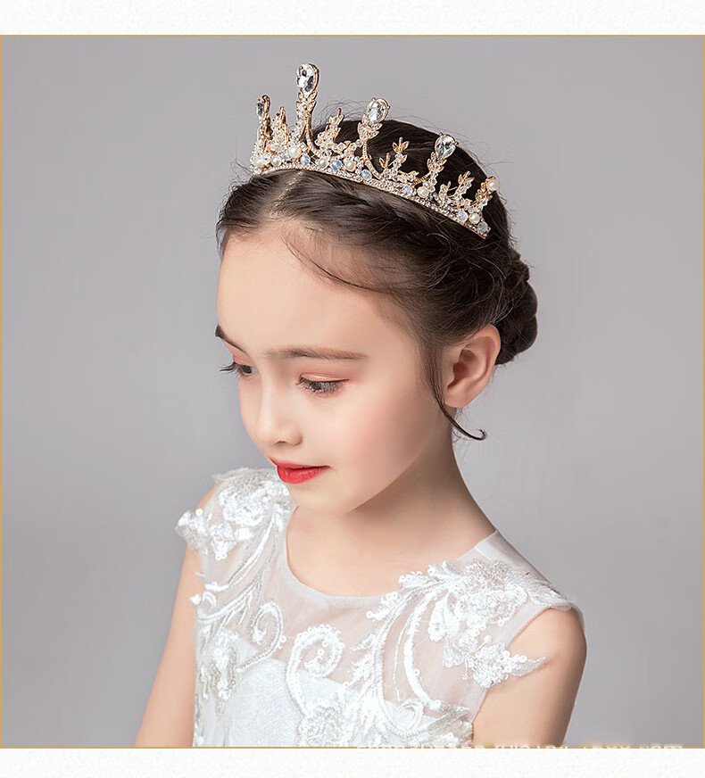 头饰公主女童王冠水晶发箍金色礼服配饰小朋友儿童生日皇冠配饰金色