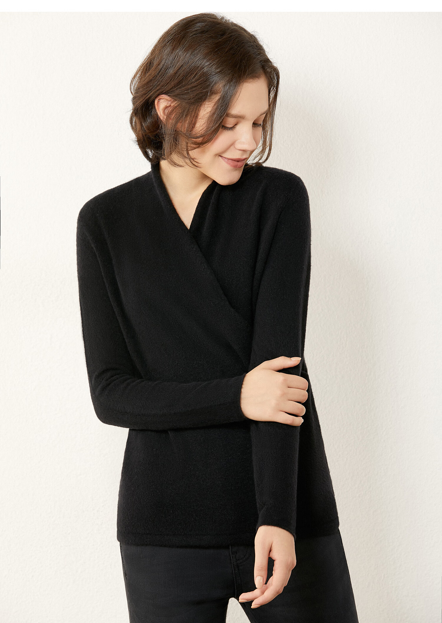 amii极简通勤时尚围裹交叉v领毛衣冬季新款修身显瘦上衣女 摩卡色 160