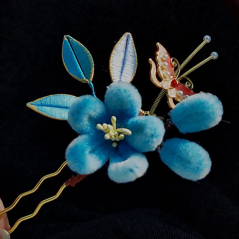 汉服配饰绒花原创手工仿绒花发钗简约绒花汉服发簪旗袍盘发头饰寻梅