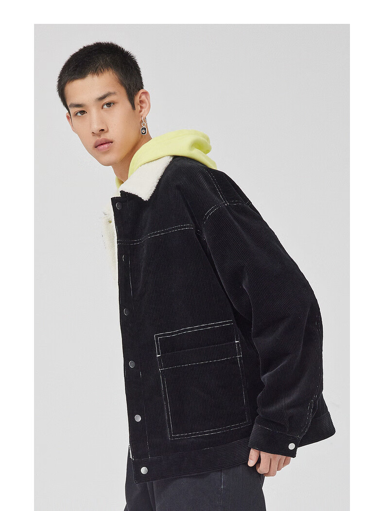 cabbeen卡宾男装夹克外套2021冬新款拼接灯芯绒外套章仔潮h煤黑色