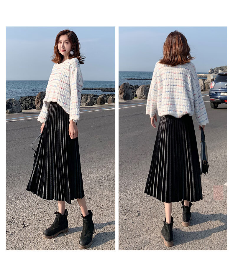 红蜻蜓 品牌半身裙金丝绒百褶半身裙女2020新款中长款秋冬季高腰显瘦a