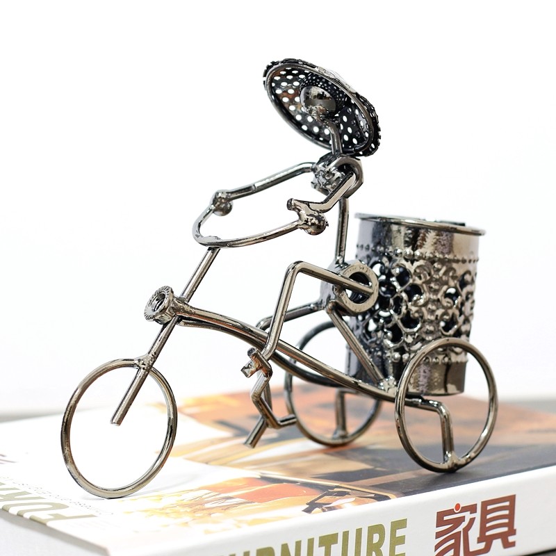 翻趣创意铁艺自行车笔筒工艺品书房办公室个性桌面装饰品摆设家居儿童