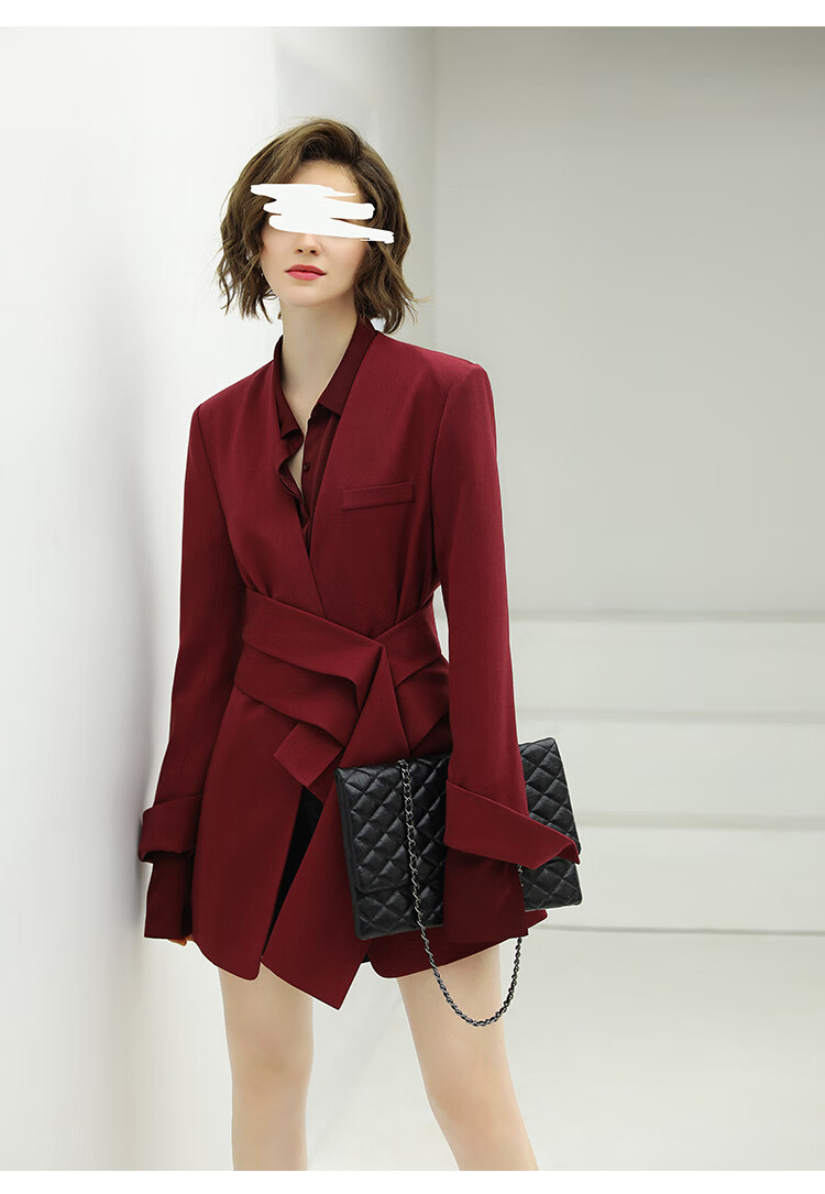 cocobella设计感腰封酒红西装女早秋裸领中长款通勤外套ct1230 酒红 m