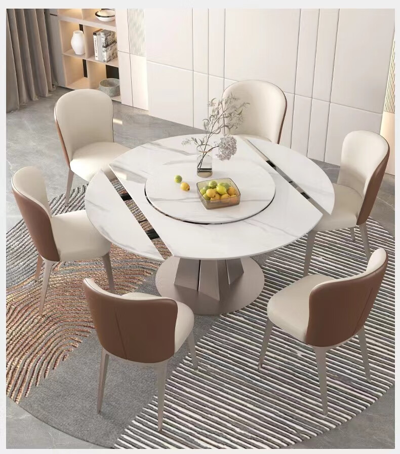 宾迪朗岩板圆桌带转盘圆型折叠伸缩餐桌小户型现代轻奢岩板餐桌可变