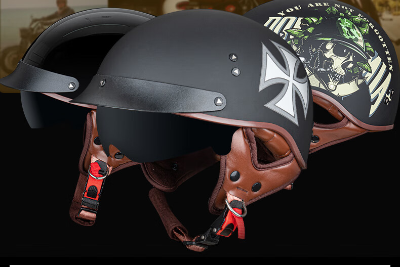 vcoros哈雷瓢盔男女美式复古机车摩托车头盔带镜片夏季盔碳纤维 f-02