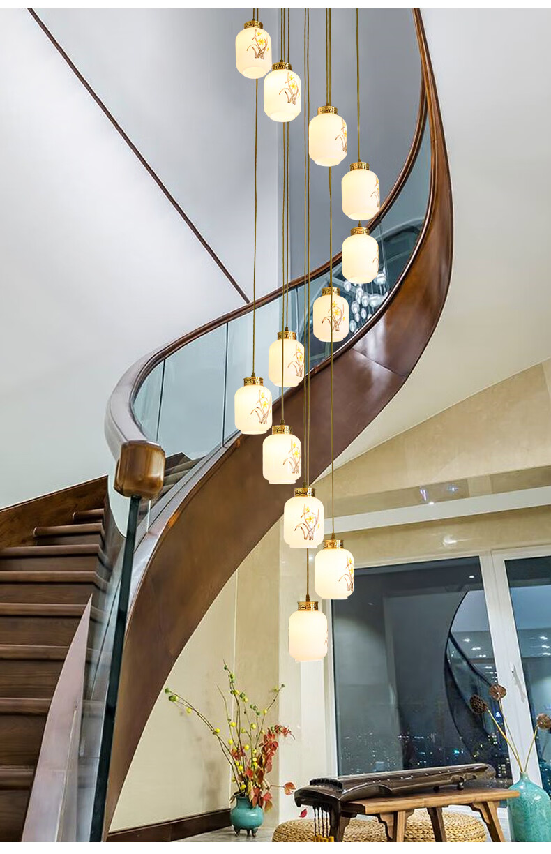 塔林复式楼中式吊灯别墅楼梯间灯新中式古典中国风复古跃层客厅灯旋转