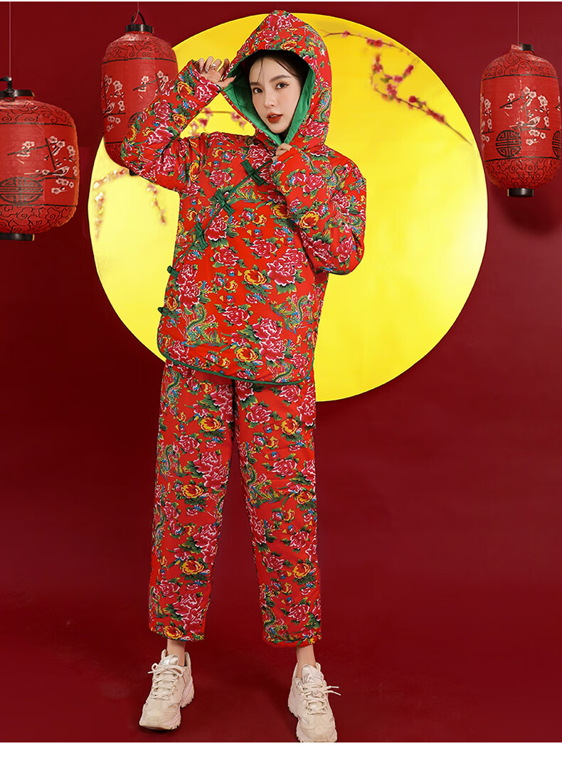 东北花棉袄套装大花袄棉袄女冬季外套大花布衣服民族风外穿棉衣棉裤