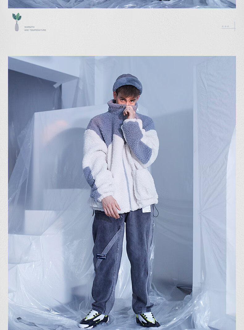 凭霄tenderlab/suat刘耀文同款血抓痕波浪羊羔绒外套秋冬棉服潮 灰白