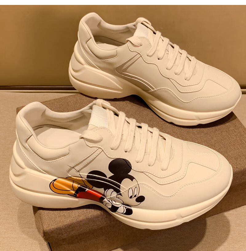 酷奇小蜜蜂双g欧洲站米老鼠老爹鞋男全皮2022新款米奇印花厚底小白鞋