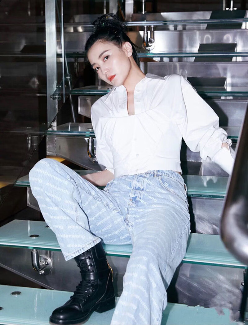 boy bees2021秋季新款 aw高腰字母长裤 深蓝高腰显瘦直筒牛仔长裤