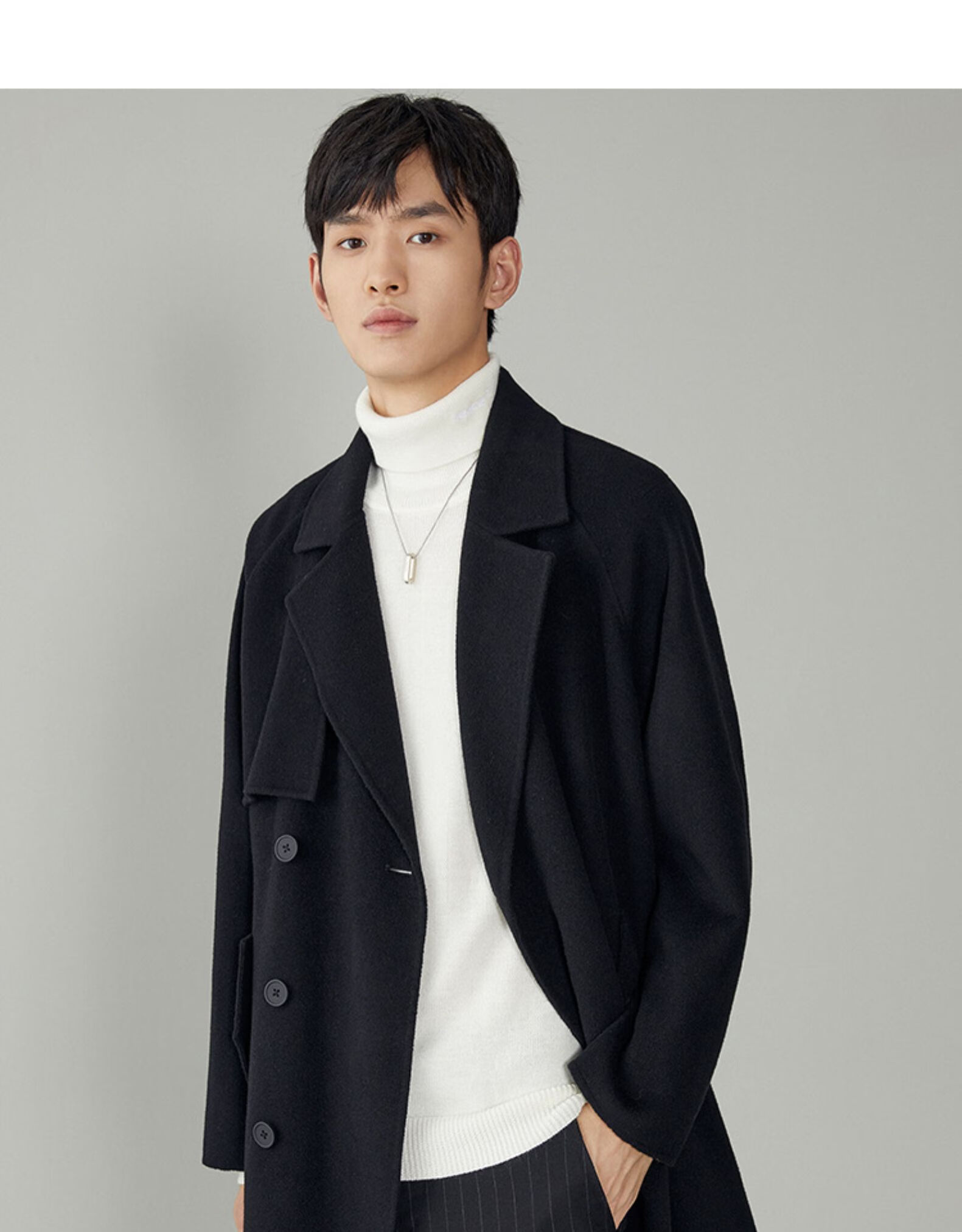 太平鸟男装双面呢大衣长款双排扣中性风毛呢大衣韩版保暖男女外套