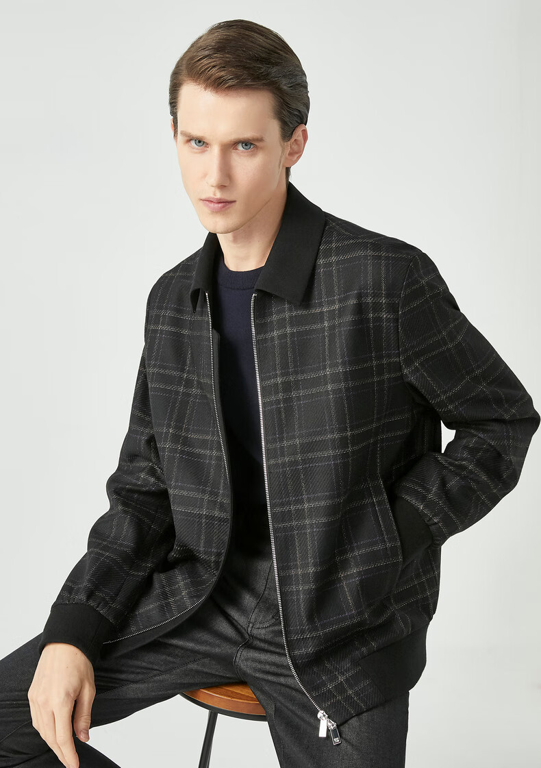 劲霸男装【商场同款】格纹毛呢夹克男秋冬商务休闲绵羊毛翻领茄克hbwg