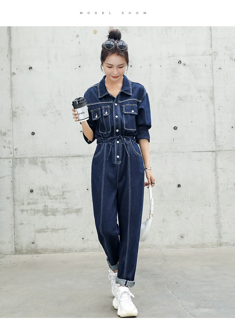 卡娇萱轻奢品牌连体衣秋季新款女装韩版修身翻领女式牛仔连体裤蓝色m