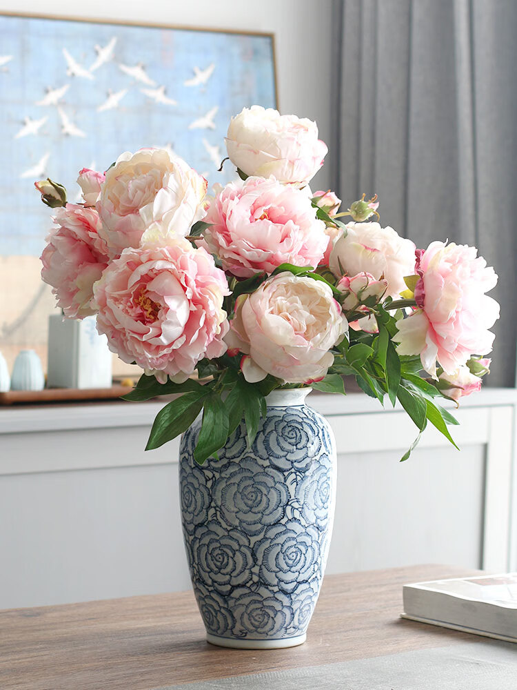 得爵仿古手绘青花瓷花瓶摆件中式古香古色客厅水培插花花器单个牡丹纹
