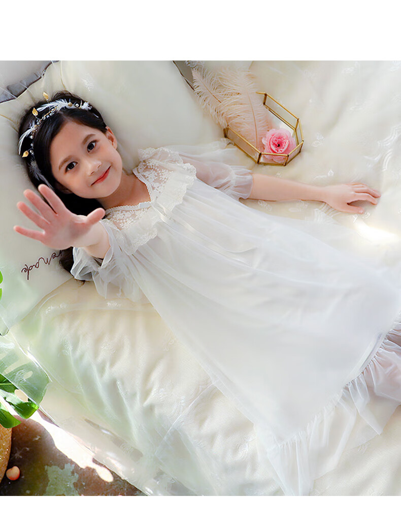 女童睡衣夏季儿童薄款短袖蕾丝莫代尔睡裙小女孩宫廷风子家居服白色