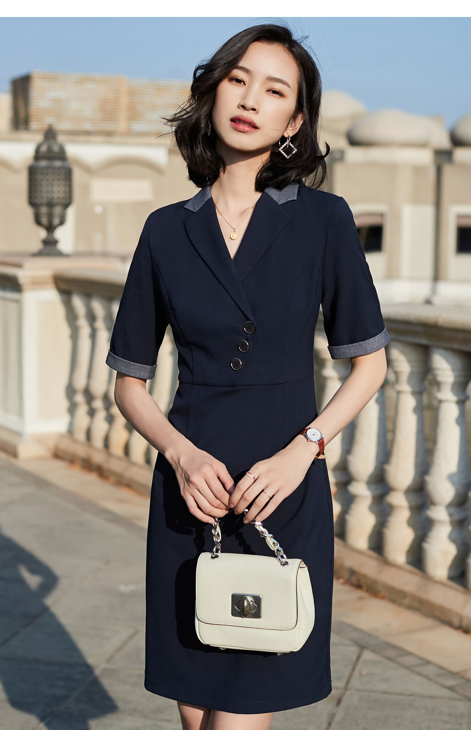 昂柏职业装连衣裙女夏收腰显瘦拼接撞色知性工作服女裙2020新款职场