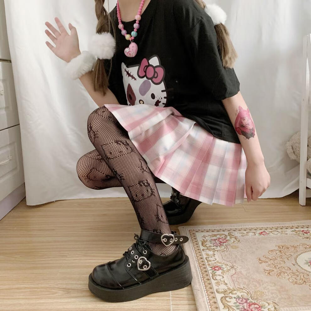 渔网袜全身kitty辣妹凯蒂猫黑丝渔网袜女jk袜套薄款连裤镂空黑色丝袜