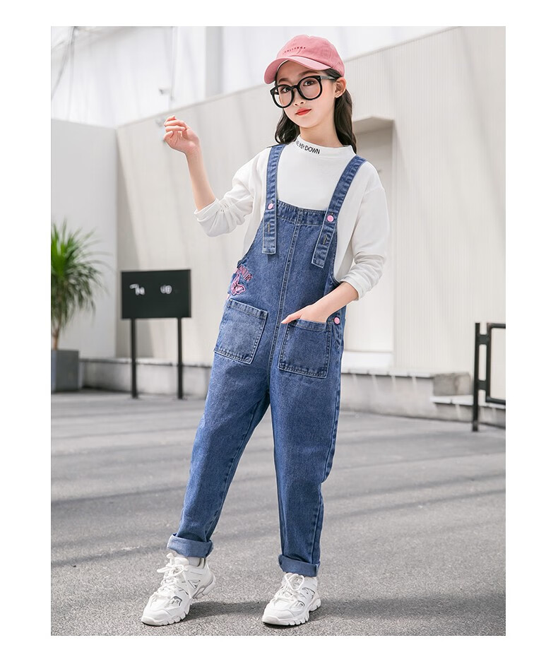 lolado童装春秋季女大童韩版牛仔背带裤8-9-12小女孩学院风休闲牛仔裤