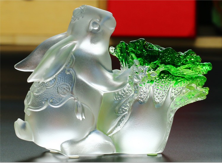 水晶兔子工艺品琉璃白菜玉兔摆件金钱兔吉祥物玻璃家居饰品琥珀绿色