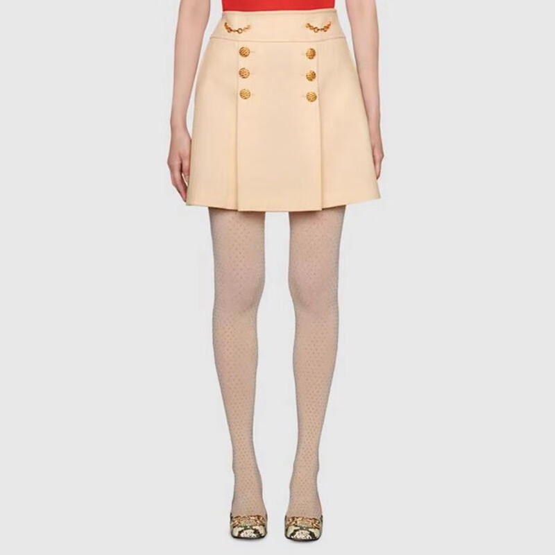 gucci古驰杨幂明星同款女士马衔扣学院风羊毛短裙米白色半身裙 38码