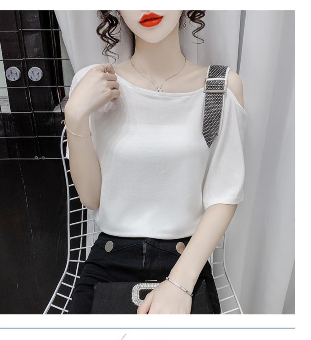 露肩一字肩上衣女生条纹短袖t恤女装夏季穿的年轻气质款宽松短款锁骨