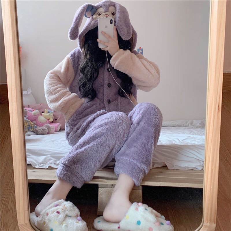 分体睡衣睡衣女装加厚加绒保暖2020秋冬季卡通兔子中长款睡袍家居服两