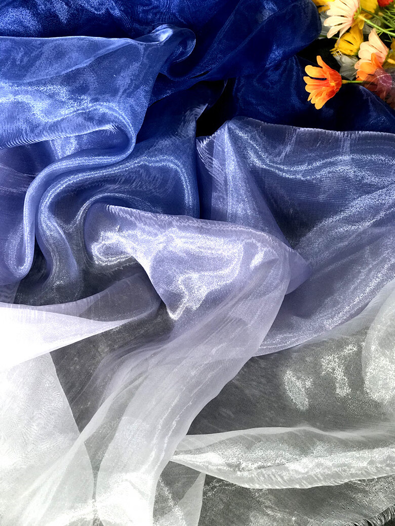 蓝色欧根纱面料一米价硬挺水光纱亮光黑蓝色渐变色欧根纱布料透明汉