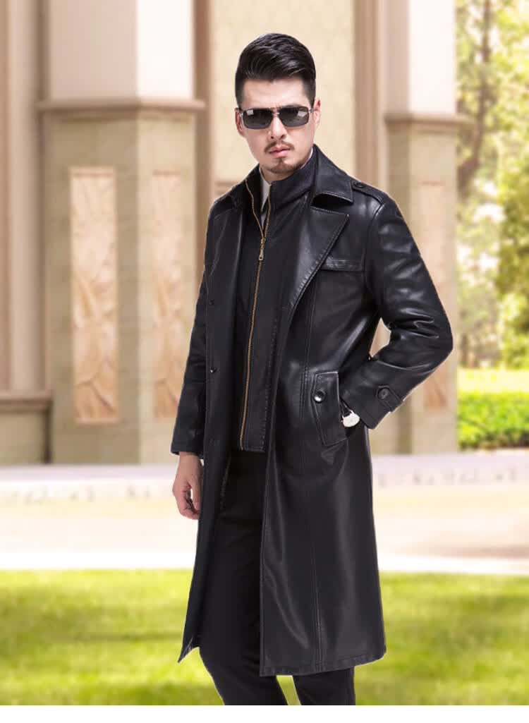 皮尔卡丹高品质真皮皮衣男皮夹克外套海宁皮大衣中长款超长风衣加肥