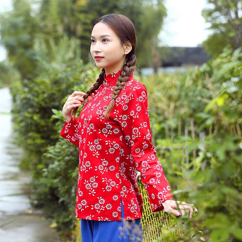 秉藜 阿庆嫂演出服村姑服装女棉碎花衣服乡村风怀旧服装村姑农村衣服